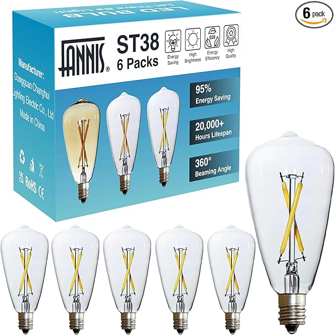 6pcs ST38 Edison Small Bulb 2W Equivalent to 15W-20W E12 Warm Base Clear Glass LED Bulbs for Chandeliers Fans Candelabras Outdoor ST38 String Lights