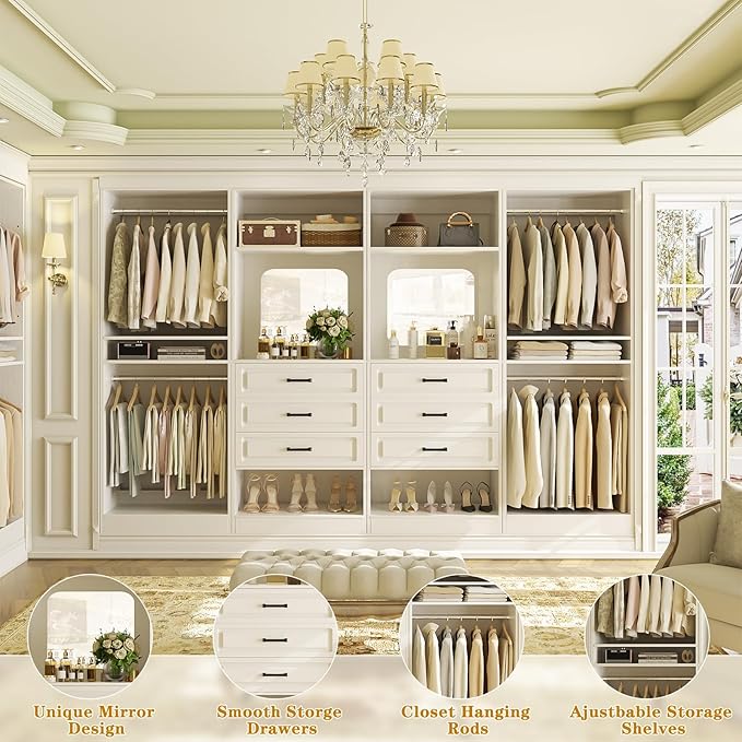 Unikito Closet System with Drawers, 100” Wood Closet Organizer with Hanging Rods and Mirror, Large Walk in Wardrobe Garment Rack with Adjustable Shelves, Sturdy Freestanding Closet Tower, White