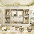 Unikito Closet System with Drawers, 100” Wood Closet Organizer with Hanging Rods and Mirror, Large Walk in Wardrobe Garment Rack with Adjustable Shelves, Sturdy Freestanding Closet Tower, White