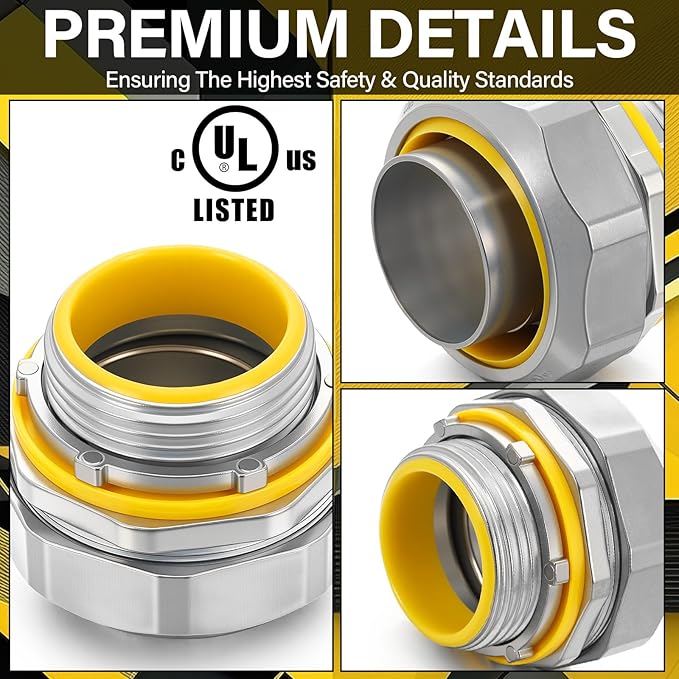 Gisafai 5 Pcs Liquid Tight Connector Straight Insulated Zinc Die Cast Metal Tight Electrical Conduit Fittings for 1-1/4 Inch Flexible and Type B Flexible