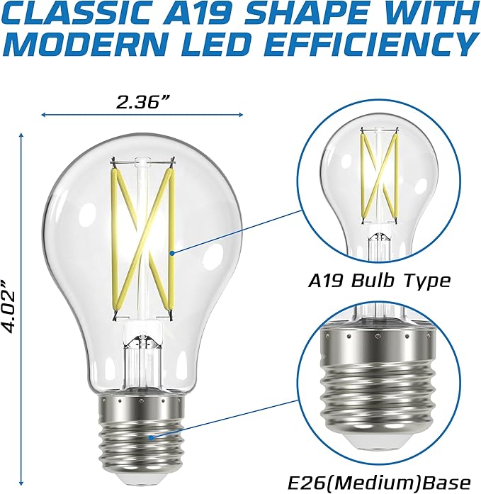 OHLECTRIC A19 LED Light Bulb (2-Pack) 8 Watt (60W Equivalent) E26 Medium Base, Dimmable, 800 Lumens, 2700K, Soft White, 120 Volt, Clear Light Bulbs, Long Life 15,000 Hours, Flicker-Free Bulbs LED