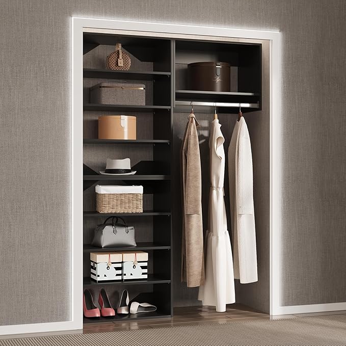 Modular Closet Organizer, 40" Wide Tower System with Hanging, Wooden Tower Storage for Walk-In Closets, Wall-Mounted Wardrobe Organizer Kit, Bedroom, Black