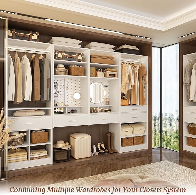 Unikito 75” Modular Closet System, Freestanding Closet Organizer with Hanging Rods and Drawers, Adjustable Clothes Garment Rack with Shoe Rack, Sturdy Walk in Closet Set for Bedroom, Mudroom, White