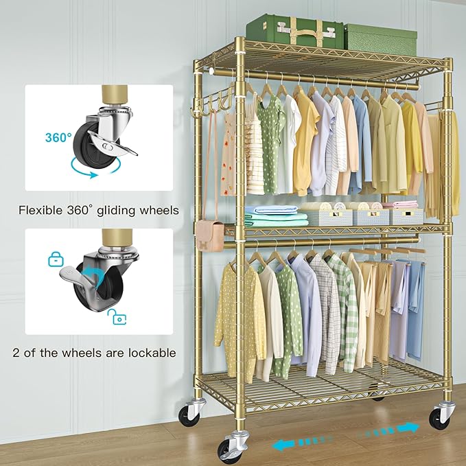 FUTASSI P1 Rolling Clothes Rack, Movable Metal Garment Closet Organizer with Lockable Wheels, Clothing Wardrobe with Double Hanger Rods and Hooks, 35.4" W x 15.7" D x 80.5" H, Load 450lbs, Gold
