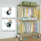 FUTASSI P1 Rolling Clothes Rack, Movable Metal Garment Closet Organizer with Lockable Wheels, Clothing Wardrobe with Double Hanger Rods and Hooks, 35.4" W x 15.7" D x 80.5" H, Load 450lbs, Gold
