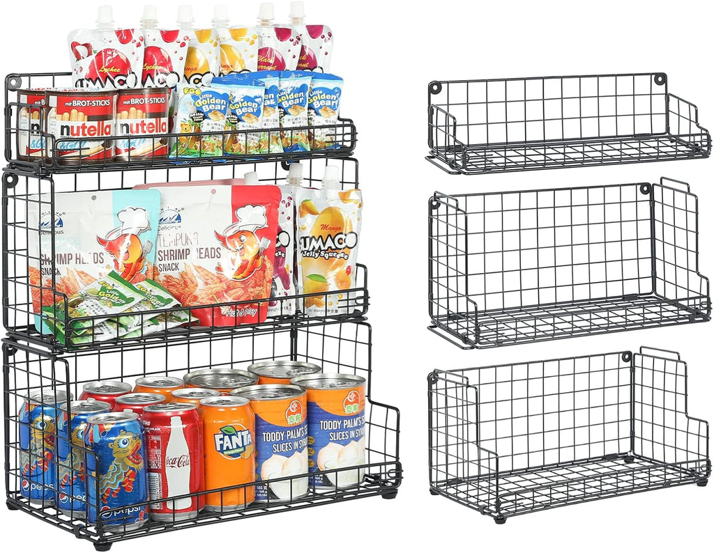 X-cosrack Stackable Wire Basket 3 Tier Countertop& Wall Mounted Metal Storage Basket for Kitchen Pantry Cabinet, Muti-functional Open Front Bin Organizer for Food Fruit Snack, Black