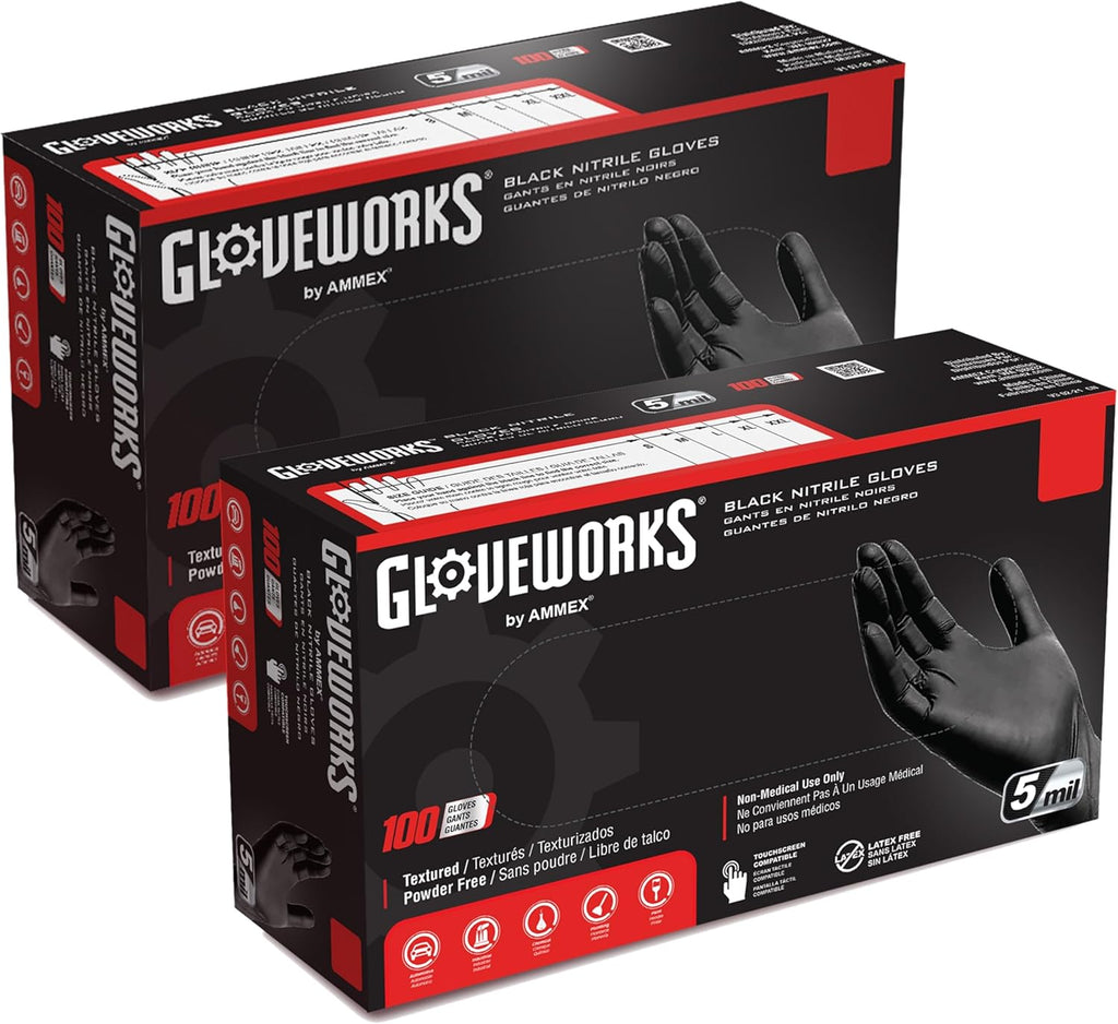 GLOVEWORKS Black Nitrile Gloves Disposable Latex Free, 5 Mil Industrial, For Mechanic, Cleaning, Cooking, Kitchen, Food Grade