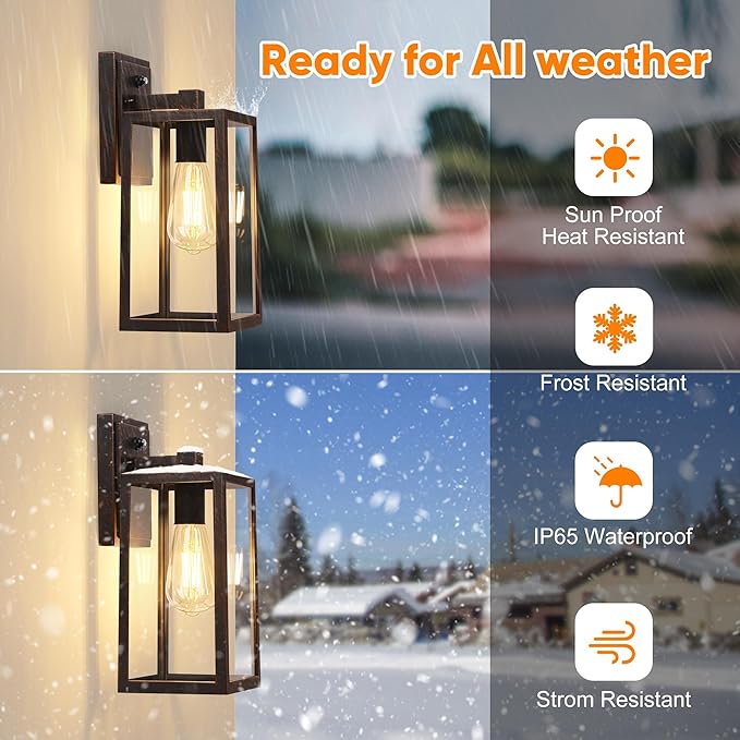 PARTPHONER Dusk to Dawn Porch Light Fixtures, Black Brushed Gold Exterior Lighting Lamp, Sensor Wall Lantern, Waterproof Outdoor Wall Sconce for House Doorway, Garage 2 Pack