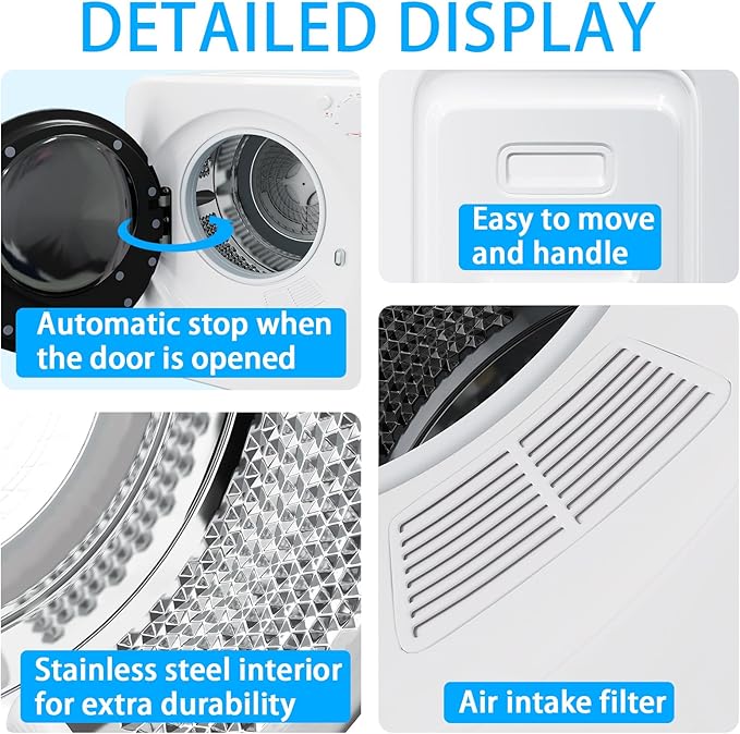 1.6Cu.Ft Portable Clothes Dryer and 16LBS Full Automatic Washing Machine Set, Washer and Spinner Combo, Stainless Steel Tub, Space Saving,Ideal for Laundry, Apartments, Dorms