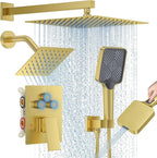 Shower Faucet Set, 12" Wall Mount Rainfall Shower System with 2 Rain Shower Head and Multi-function Handheld Head Push Button Diverter Shower Faucet Trim Kit, Brushed Gold