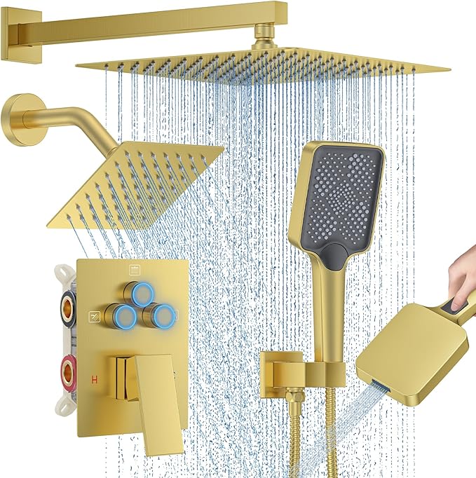 Shower Faucet Set, 12" Wall Mount Rainfall Shower System with 2 Rain Shower Head and Multi-function Handheld Head Push Button Diverter Shower Faucet Trim Kit, Brushed Gold