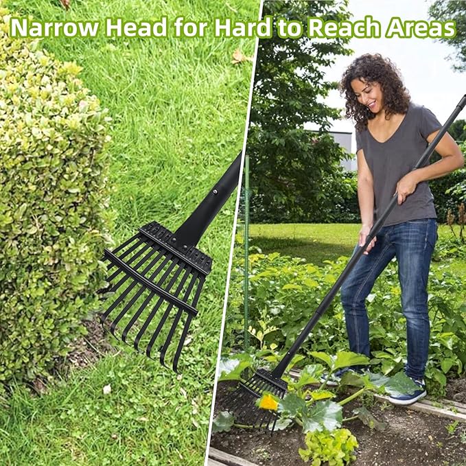 Small Rake for Gardening 63 Inch Adjustable Heavy Duty Garden Leaf Rakes Garden Tools 11 Metal Tines Small Garden Rake for Shrub Flower Bed Mulch Camping, Black