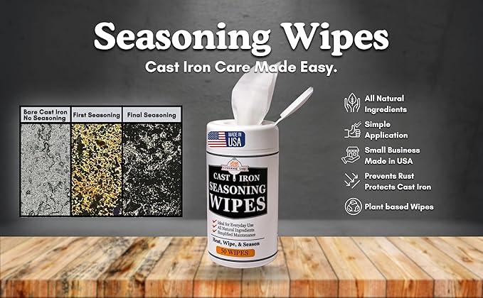Cookware Care Cast Iron Seasoning Oil Wipes, 50 Count, Made in USA with Grapeseed Oil for Cast Iron Skillet, Blackstone Griddle - Ideal Blackstone Accessories Gift for Men/Dad