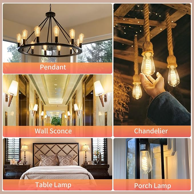 6 - Pack Edison Light Bulbs 60W Equivalent, Dimmable Vintage LED Light Bulbs, E26 Medium Base, ST58, 6W, 600LM, 2700K, 80+ CRI, Antique Decorative Filament LED Bulb