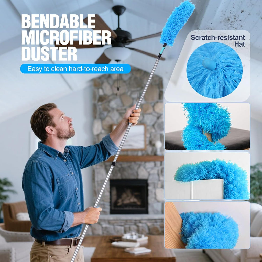 Lineslife High Ceiling Duster Kits with 4-8ft Heavy Duty Extension Pole,Extendable Reusable Cobweb,Window Cleaning Squeegee,Ceiling Fan Duster,Boat Hook, for High Roof and Glass Surfaces
