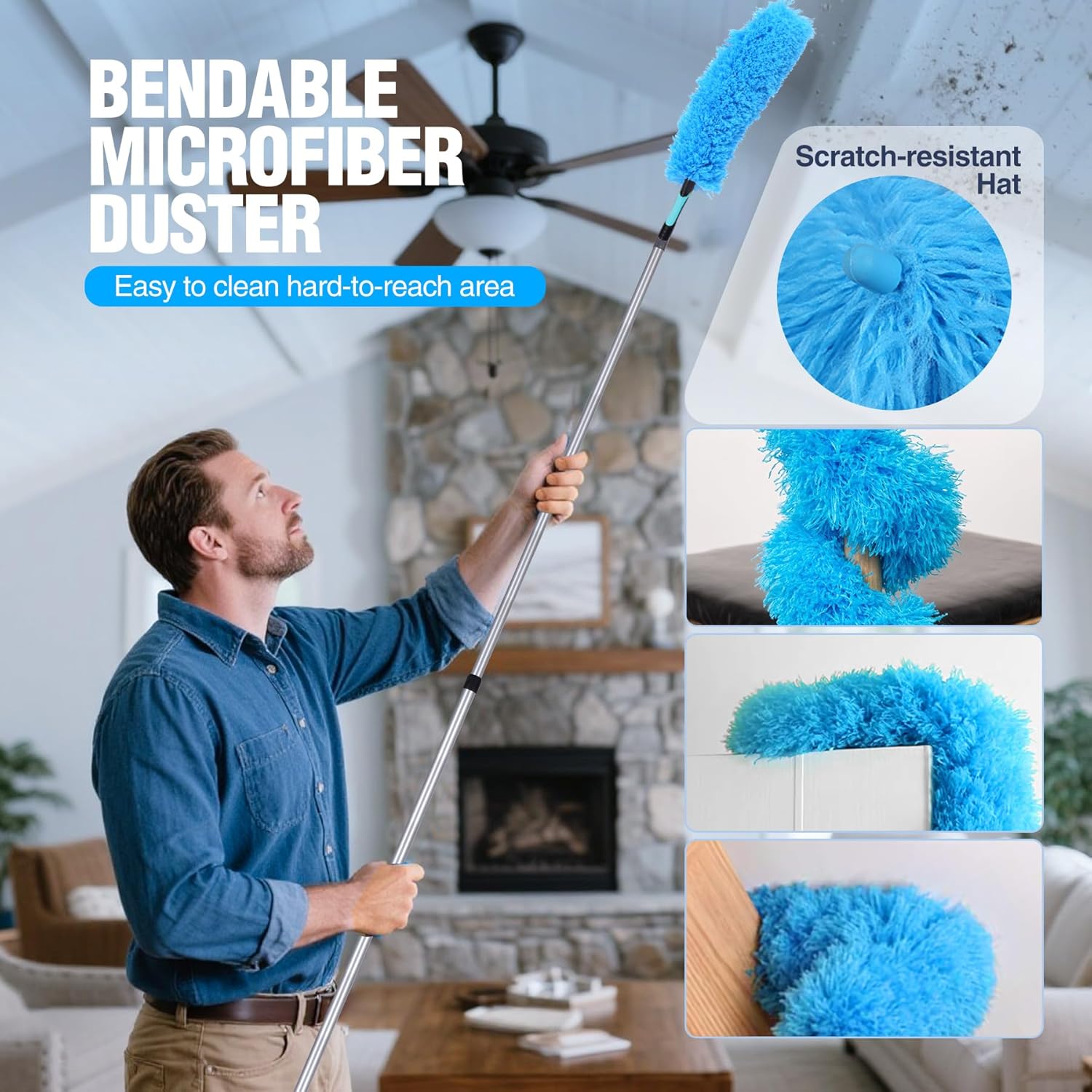 Lineslife High Ceiling Duster Kits with 4-8ft Heavy Duty Extension Pole,Extendable Reusable Cobweb,Window Cleaning Squeegee,Ceiling Fan Duster,Boat Hook, for High Roof and Glass Surfaces