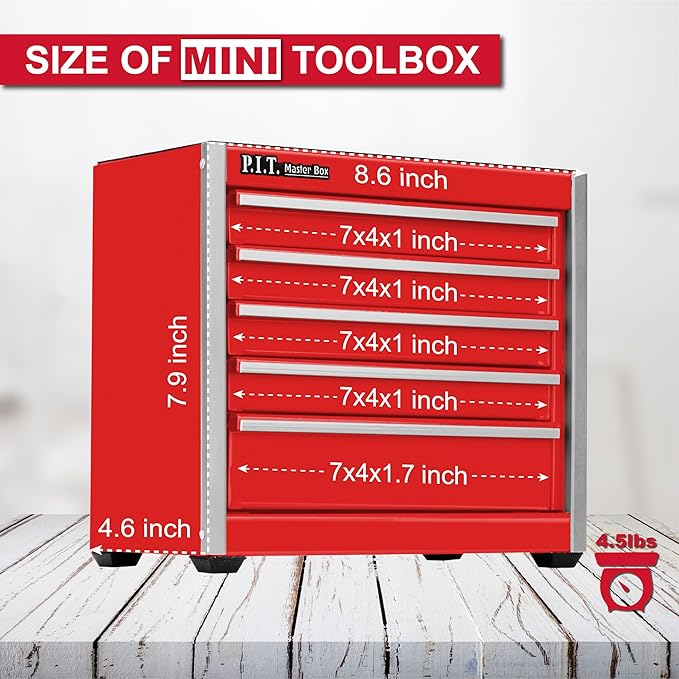 P.I.T. Mini Red Tool Box, Portable 5-Drawer Micro Roll Cab Steel Tool Box with Liner, Red Small Tool Case for Tools Storage, Home DIY