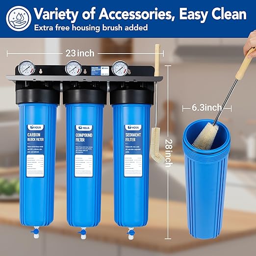 HQUA WF3-01 3-Stage Whole House Water Filtration System, Reduces Heavy Metals (Lead, Mercury, Copper, Nickel, Chromium), Chloramine, Sediment, Odor, and VOC’s