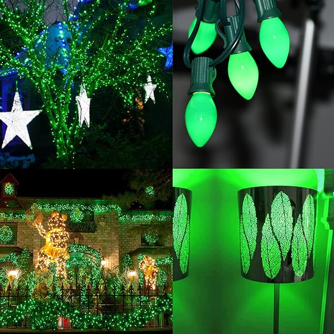 25 Pack C9 Ceramic Green Replacement Bulbs, St. Patrick's String Light Bulb Vintage Incandescent Light Bulbs for Christmas Wedding Patio St. Patrick's Day Decoration, E17/C9 Intermediate Base, 7 Watt