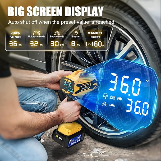 Cordless Tire Inflator Air Compressor Compatible with Dewalt 20V Battery, 160PSI Portable Air Pump with Digital Pressure Gauge, Fast Inflation for Cars, Motorcycles, Bikes(Bare Tool)