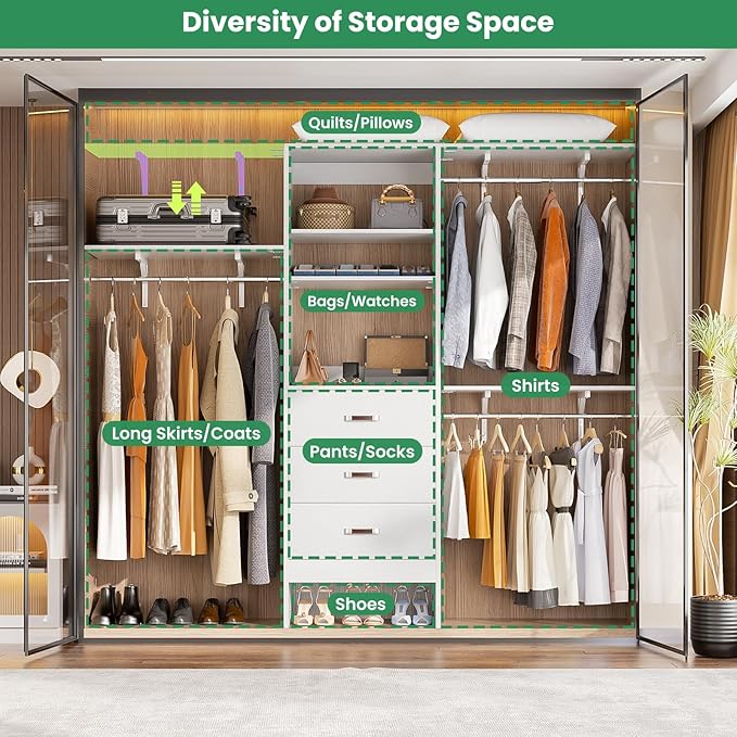 96 inch Closet System with 3 Wooden Drawers, Closet Organizer System with Storage Shelves Cutable, Wall-mounted Closet System with 3 Adjustable Hanging Rods for Walk-in Closet, White