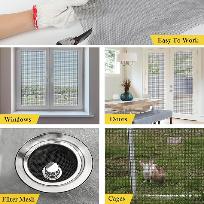 fowong 304 Stainless Steel Mesh Window Screen Roll Black 47IN x 10FT Metal Window Screen Replacement, Durable Wire Mesh for Door, Patio, Vent Cover, DIY, Easy to Cut and Install (20 x 22 Mesh)