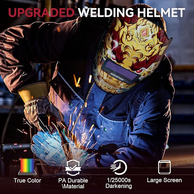 ARCCAPTAIN True Color Welding Helmet, 4 Arc Sensor Auto Darkening Welding Hood, Solar Powered Welding Mask, 1/1/1/1 Top Optical Clarity Welder Helmet, Wide Shade 4/9-13 for TIG MIG ARC, Dragon