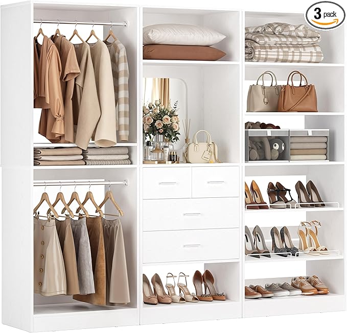 Unikito 75” Closet System with Drawers, 6.2FT Wood Closet Organizer with Hanging Rods and Mirror, Reversible Large Walk in Closets Wardrobe Garment Rack with Shoe Shelves, Max Load 2000 LBS, White