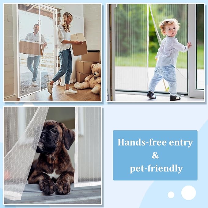 Magnetic Screen Door - Self Sealing, Heavy Duty, Hands Free Mesh Partition Keeps Bugs Out Let Breeze in- Pet and Kid Friendly - Keep Open Feature (White, Fit Door Size 36 x 78 Inch)