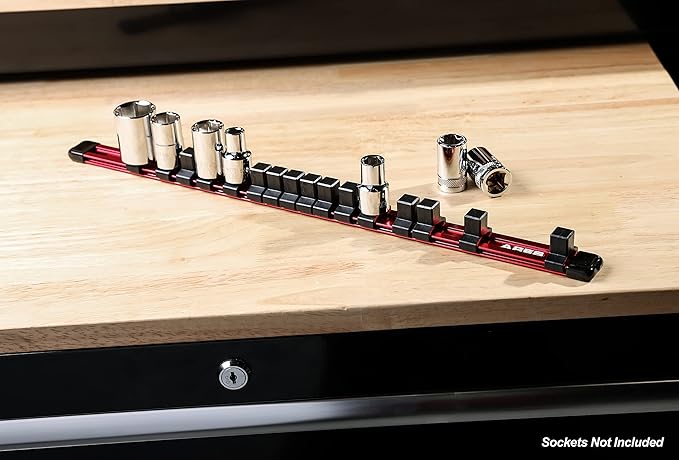 ARES 70203-1/2-Inch Drive Red Aluminum Socket Organizer - Store up to 16 Sockets and Keep Your Tool Box Organized - Sockets Will Not Fall Off this Rail