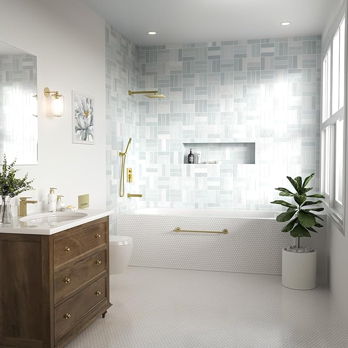 Lava Odoro Modern 3-Setting Square Shower and Tub Faucet Set with Shower Head and Handheld Sprayer Gold, Rainfall Shower System with Tub Spout, Shower Valve Trim Kit, Brushed Gold, SF103-SG-T