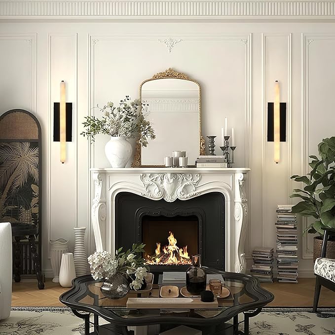 Alabaster Wall Sconces, 25in Black Alabaster Sconce, Modern Spanish Natural Marble Sconces Lights, Rectangle Sconces for Bathroom Vanity Bedroom Living Room Staircases Hallway