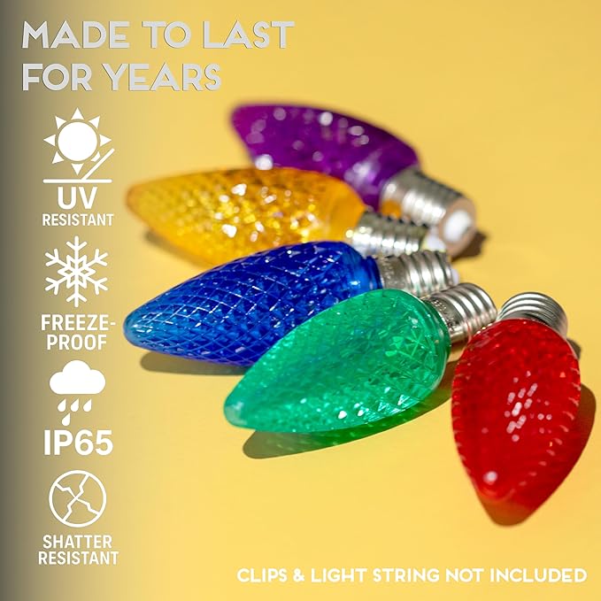 HLO Lighting C9 LED Christmas Lights, Faceted C9 Christmas Light Bulbs for Indoor & Outdoor Décor 25, Multi (R, G, B, Y, P)