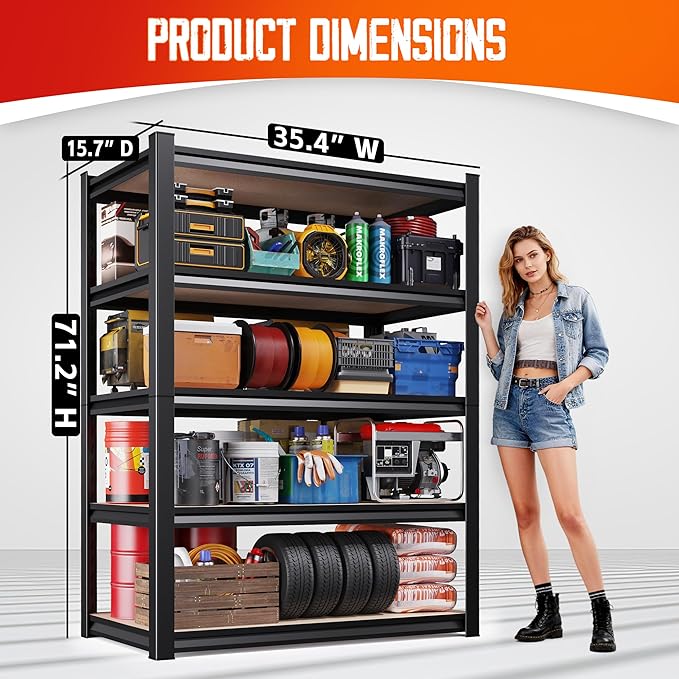 71"H-35"W Garage Shelving-2050LBS 5 Tier Storage Shelves,Adjustable Heavy Duty Metal Shelving Unit and Storage Large Rack,Utility Steel Shelf For Shop Warehouse Industrial Pantry Basement 71"x35"x16"