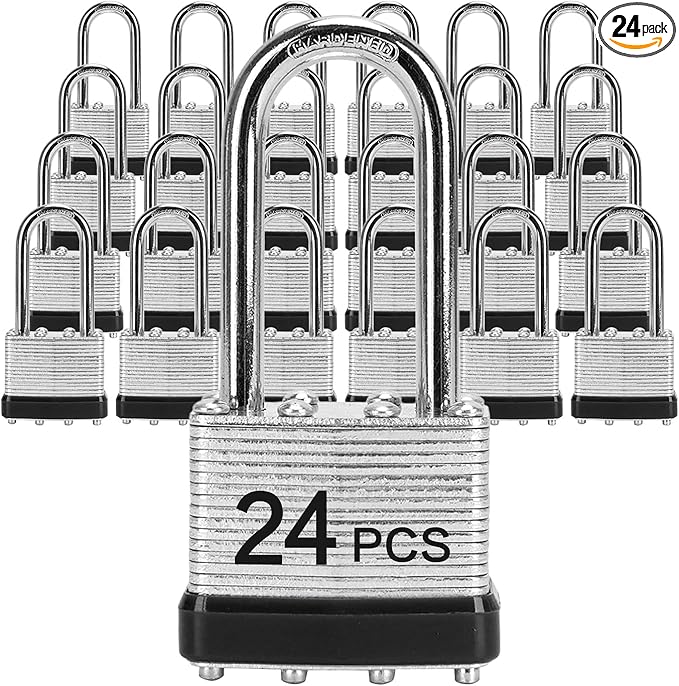 Padlocks with Same Key, LQYN 24 Pcs Laminated Keyed Padlock (1-9/16", 40mm), Keyed Alike Locks, Long Shackle, for Storage Locker, Hasp Latch, Toolbox, Sheds