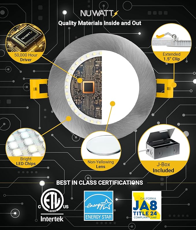 NUWATT 12 Pack 6 Inch Ultra Thin LED Recessed Lighting, Selectable 2700K/3000K/3500K/4000K/5000K, High Brightness 1050 Lumens, Dimmable, IC Rated, Brushed Nickel Canless LED Wafer Lights, Metal J-Box