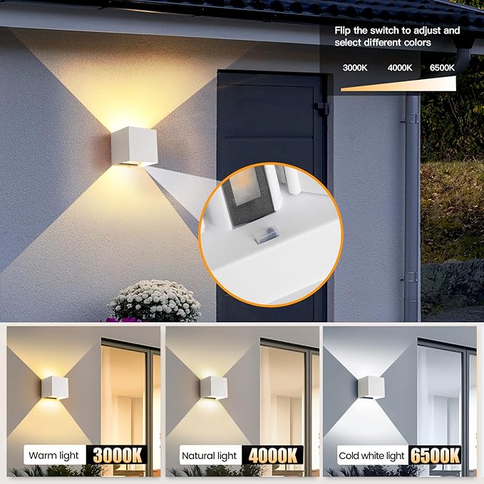 4 Pack LED 20W Outdoor Wall Lights Exterior/Interior 3 Colors Adjustable Wall Sconce Up and Down Light Porch Lights IP65 Waterproof Exterior Wall Sconce Modern Outdoor Lighting Square Aluminum White