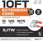 Iron Forge Cable 12 Gauge Extension Cord 10 ft, 12/3 SJTW 10 Foot Heavy Duty Extension Cord Outdoor 3 Prong, Weatherproof Orange Power Cable 15 Amp, Great for Major Appliances