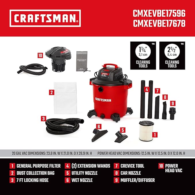 CRAFTSMAN CMXEVBE17596 20 Gallon 6.5 Peak HP Heavy Duty Wet/Dry Shop Vacuum with Filter, Dust Bag, Hose, Attachments and CMXEVBE17678 1.75 Peak HP Wet/Dry Shop Vac Powerhead with Filter Bag and Hose