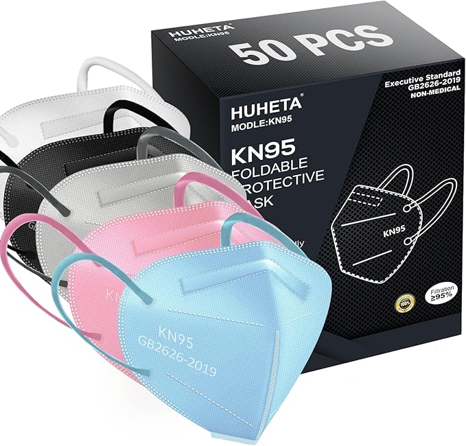 HUHETA 50 Packs KN95 Face Mask 5-Ply Breathable & Comfortable Filter Safety Mask (50PCS-MTC III Color)