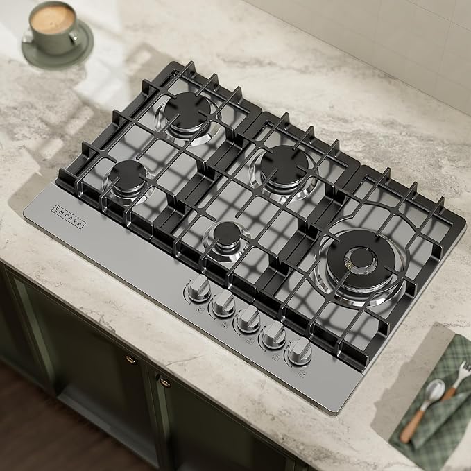 Empava Gas Cooktop 30 Inch, 5 SABAF Sealed Burners Made in Italy, Stove Top Bulit-in Ion Flame Ignition, NG/LPG Convertible CSA Approved, Stainless Steel, Ideal for Kitchens,Apartments