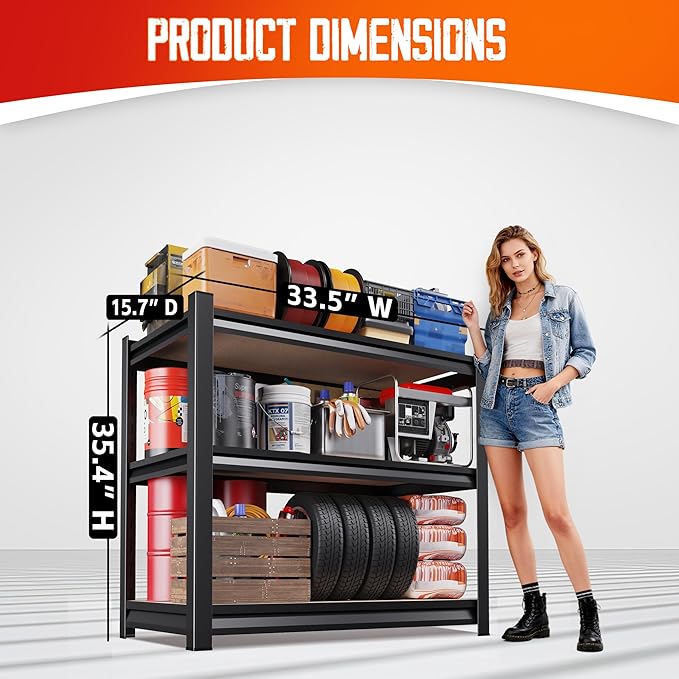 Garage Shelving,3 Tier Garage Storage Shelves,Adjustable Heavy Duty Metal Shelving Units and Storage Large Rack,Utility Steel Shelf For Shop Warehouse Industrial Pantry Basement 33"x35"x16"-2 Pack