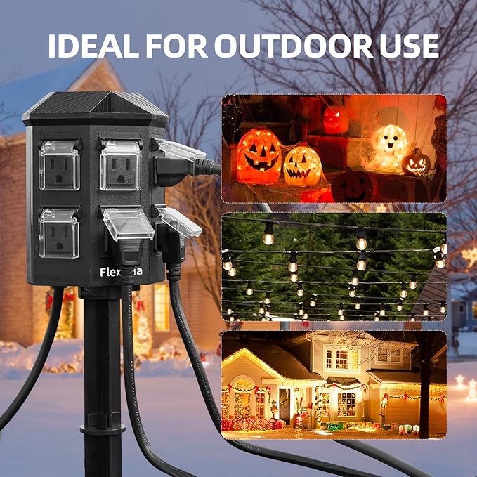 Outdoor Power Strip Waterproof, 60 FT Extension Cord, 6 Grounded Outlets for Halloween/Christmas Decorations and Inflatables, 15A/1875W, ETL Listed