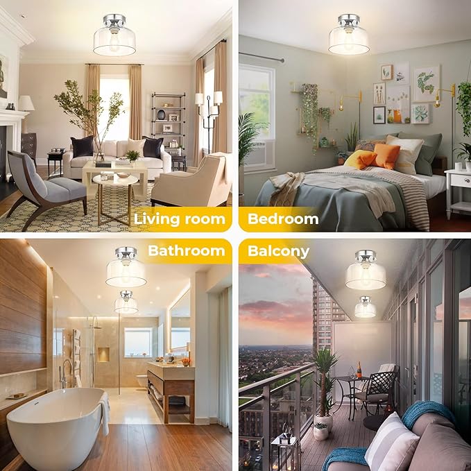 Semi Flush Mount Ceiling Light Silver, Clear Glass Pendant Lamp Shade, Modern Farmhouse Light Fixture for Hallway Corridor Kitchen Entryway Bedroom, Bulb Not Included