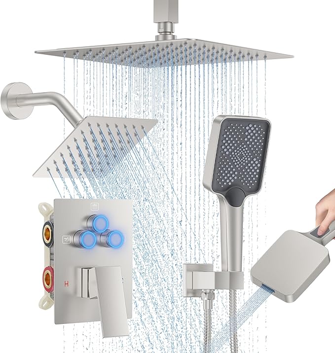 Shower Faucet Set, 10" Ceiling Mount Rainfall Shower System with 2 Rain Shower Head and Multi-function Handheld Head Push Button Diverter Shower Faucet Trim Kit Brushed Nickel