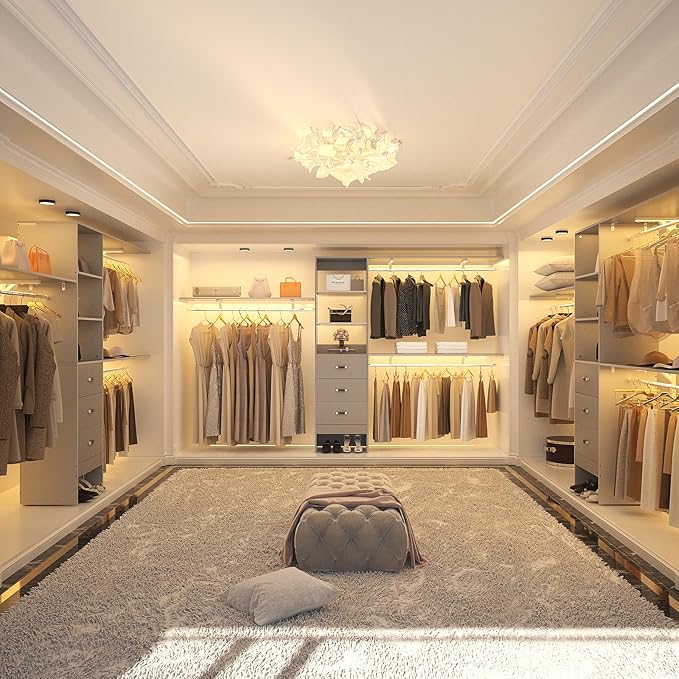 Armocity 120 Inches Closet System, 10FT Walk In Closet Organizer with 3 Shelving Towers, Heavy Duty Clothes Rack with 3 Drawers, Built-In Garment Rack, 120" L x 16" W x 75" H, Max Load 1300 LBS, Grey