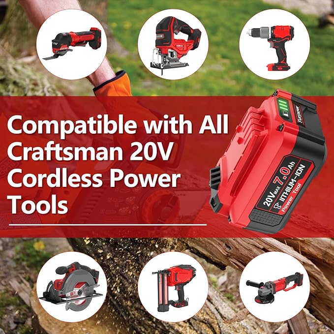TURPOW 7.0Ah Upgraded Designed for Craftsman 20V Battery V20 Lithium Ion Battery for CMCB205 CMCB204 CMCB206 CMCB202 CMCB201 20V Cordless Power Tools, Long Lasting & Fast Charging Working All Day