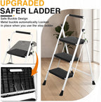 3 Step Ladder, Portable Steel Folding Step Stool with Wide Anti-Slip Pedal & Convenient Handgrip, 500lbs Sturdy Steel Ladder, White
