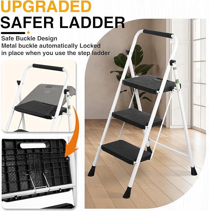 3 Step Ladder, Portable Steel Folding Step Stool with Wide Anti-Slip Pedal & Convenient Handgrip, 500lbs Sturdy Steel Ladder, White