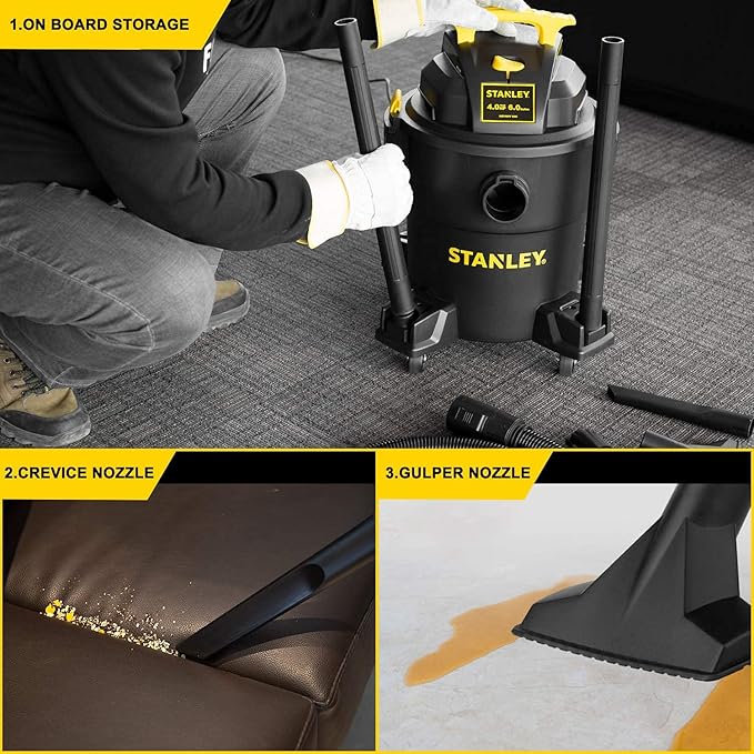 STANLEY 6 Gallon Wet Dry Vacuum, 4 Peak HP Poly 3 in 1 Shop Vac Blower with Powerful Suction, Multifunctional Shop Vacuum W/ 4 Horsepower Motor for Job Site,Garage,Basement,Workshop SL18116P